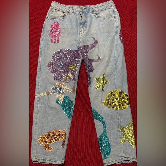 Topshop Denim - Topshop Straight Leg Jeans with Sequin Ocean Design - Multicolor